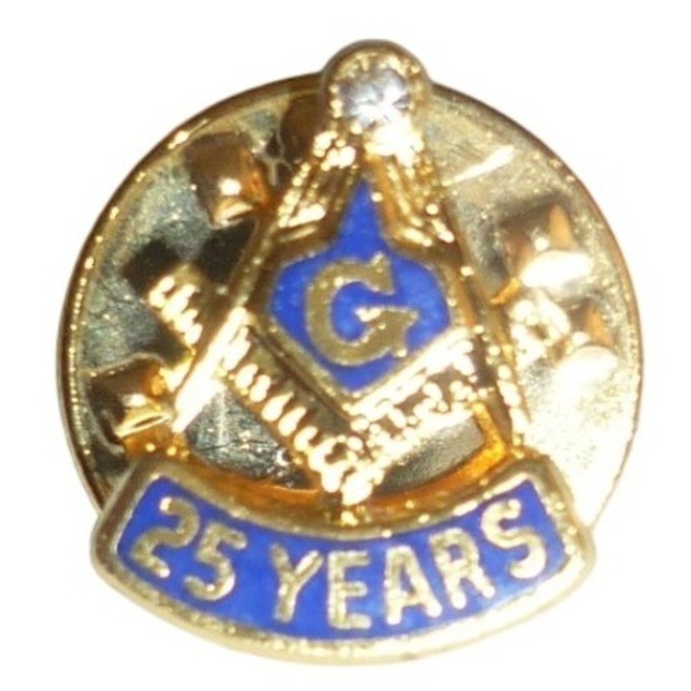 Vintage Masonic 25 Year Service‎ Pin Gold Tone Blue Enamel Square & Compass